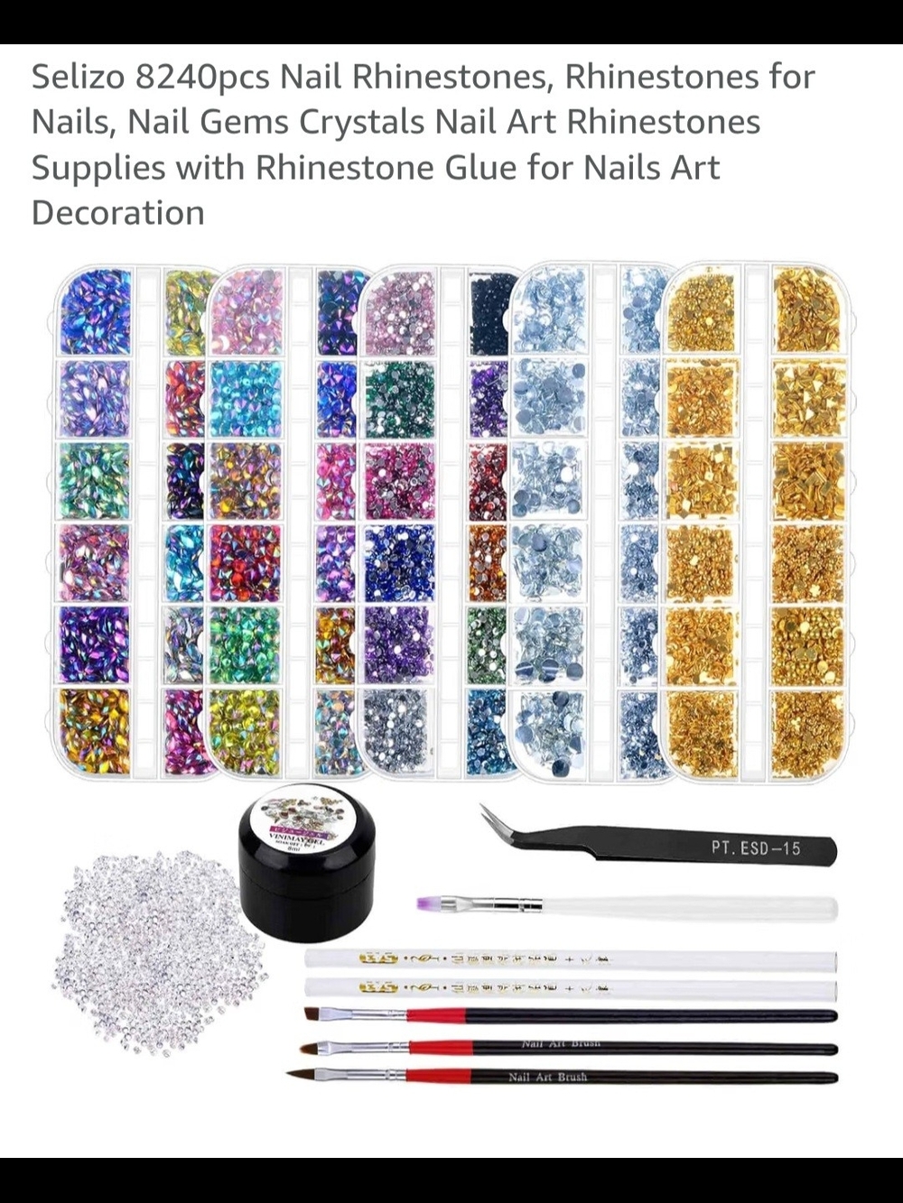 Multicolor Nail Rhinestones Kit with Glue & Brushes - Assorted Colors